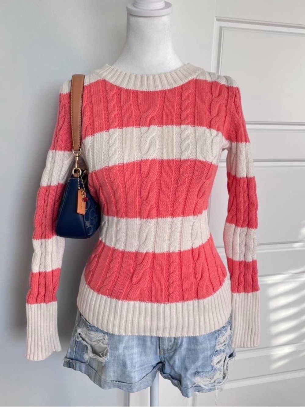 J. Crew Pink & Cream Striped Cable Knit Crewneck Sweater